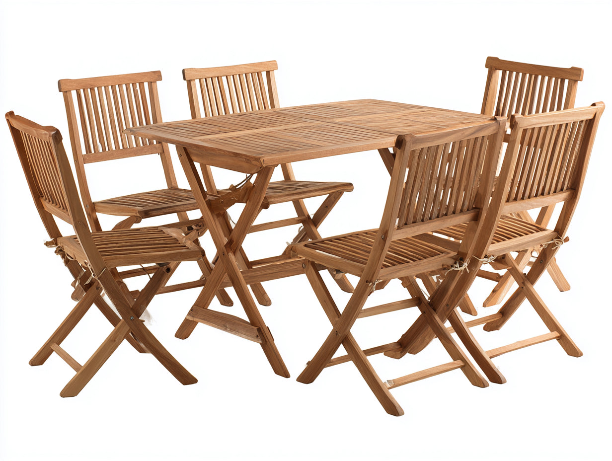Conjuntos de comedor de jardín de madera 160x90x75 cm - Madera natural - Diseño clásico para exterior con 6 sillas