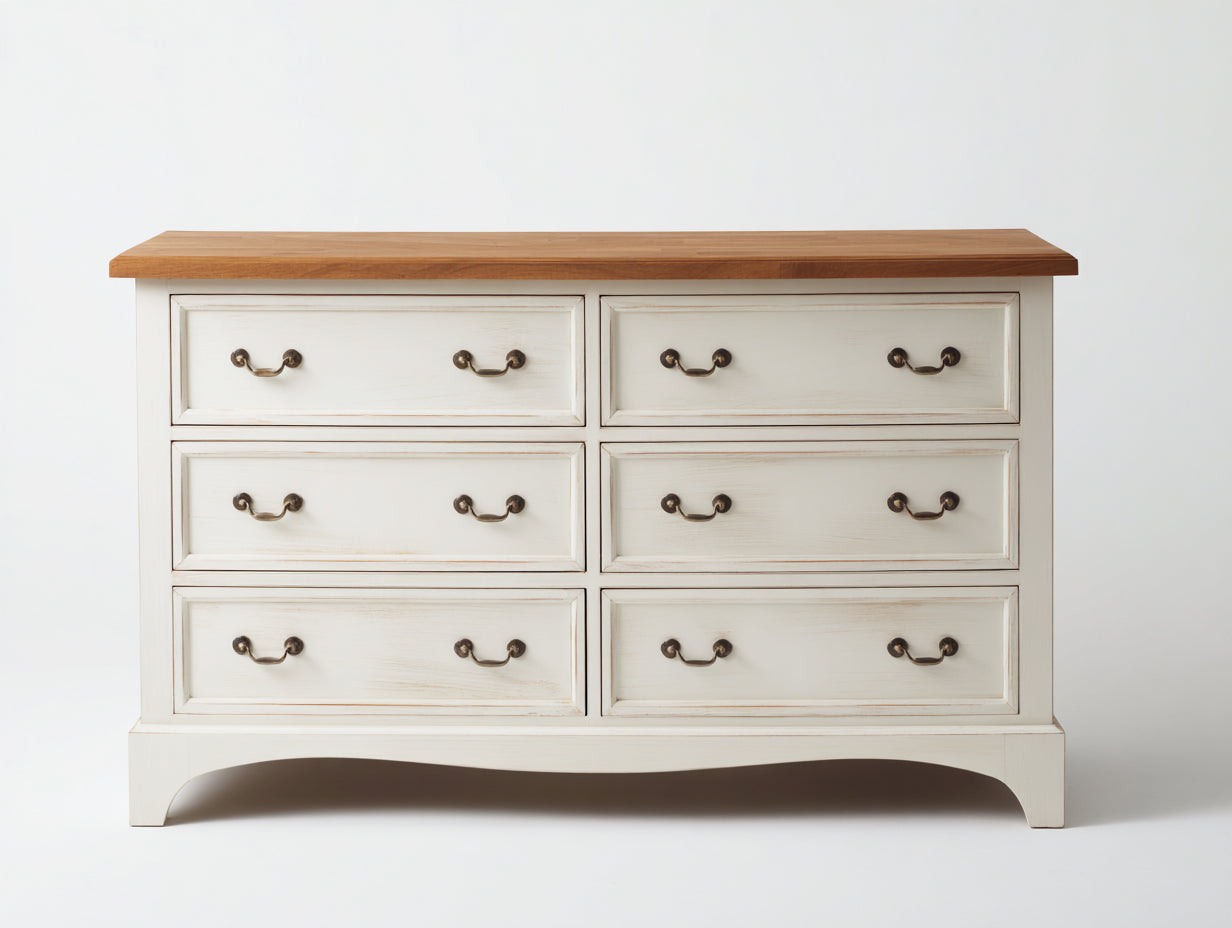 Cómodas de madera 140x40x80 cm - Color blanco y madera natural - Cómoda con 6 cajones para dormitorio y salón
