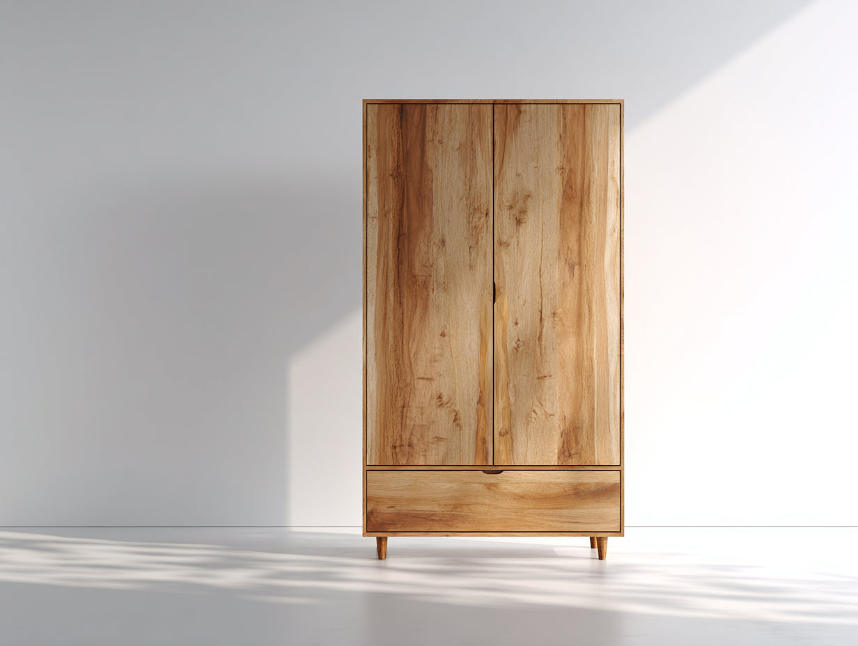 Armario de madera natural 100x45x180 cm color marrón con puertas y espacio de almacenamiento estilo moderno