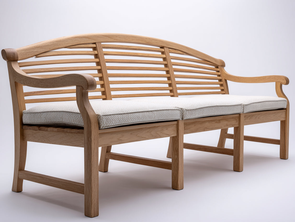 Banco de jardín de madera 200x65x95 cm natural con asiento acolchado estilo clásico