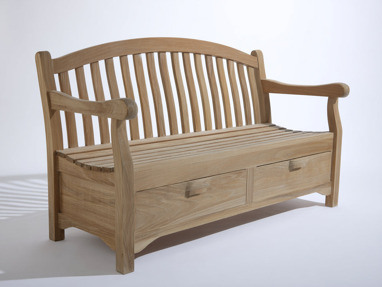 Bancos de jardín de madera 180x65x90 cm - Color madera natural - Banco exterior con respaldo y 2 cajones de almacenamiento para jardín y terraza