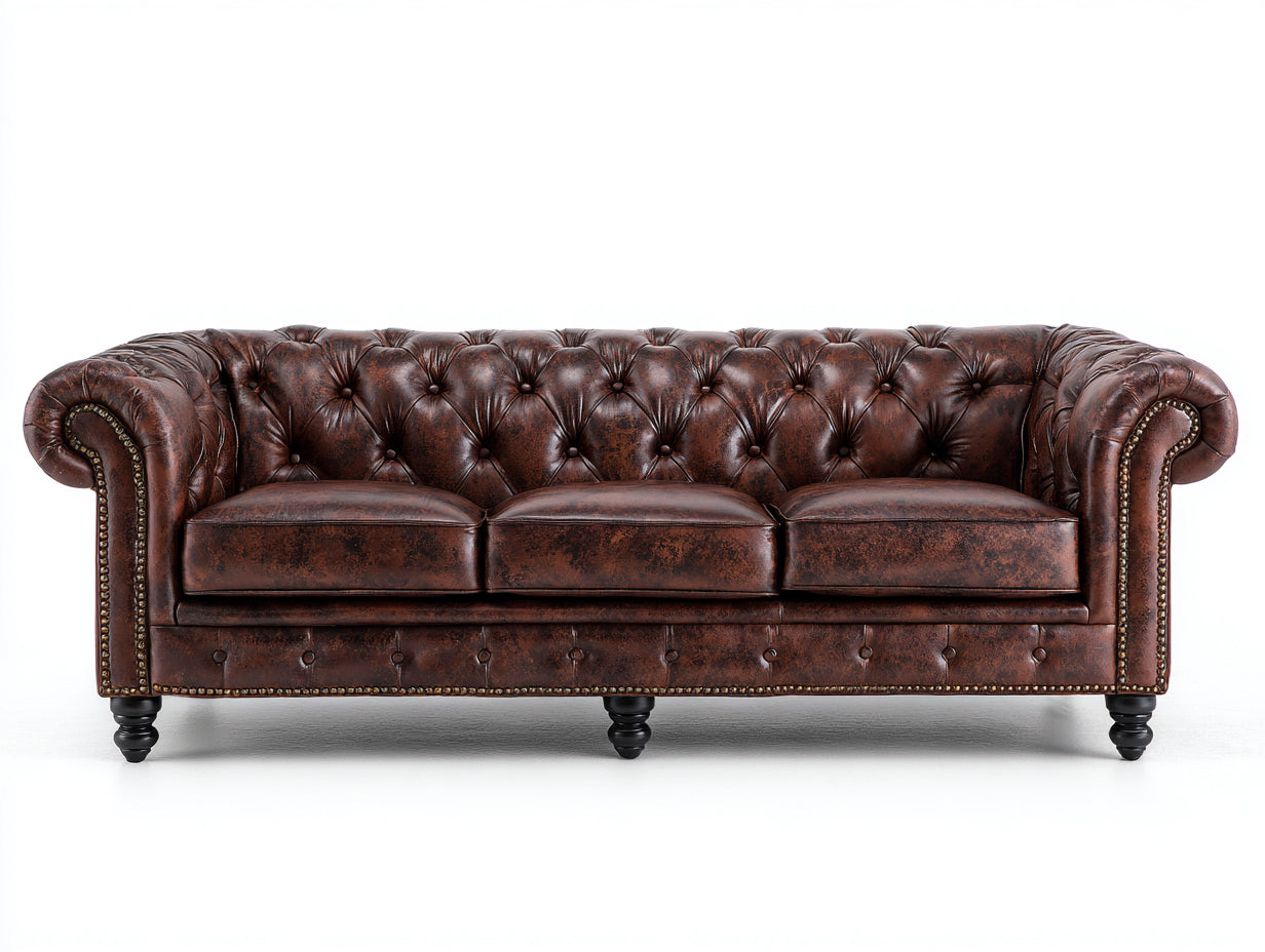 Sofás 3 plazas tapizado efecto cuero 220 x 95 x 78 cm - Marrón envejecido - Estilo Chesterfield