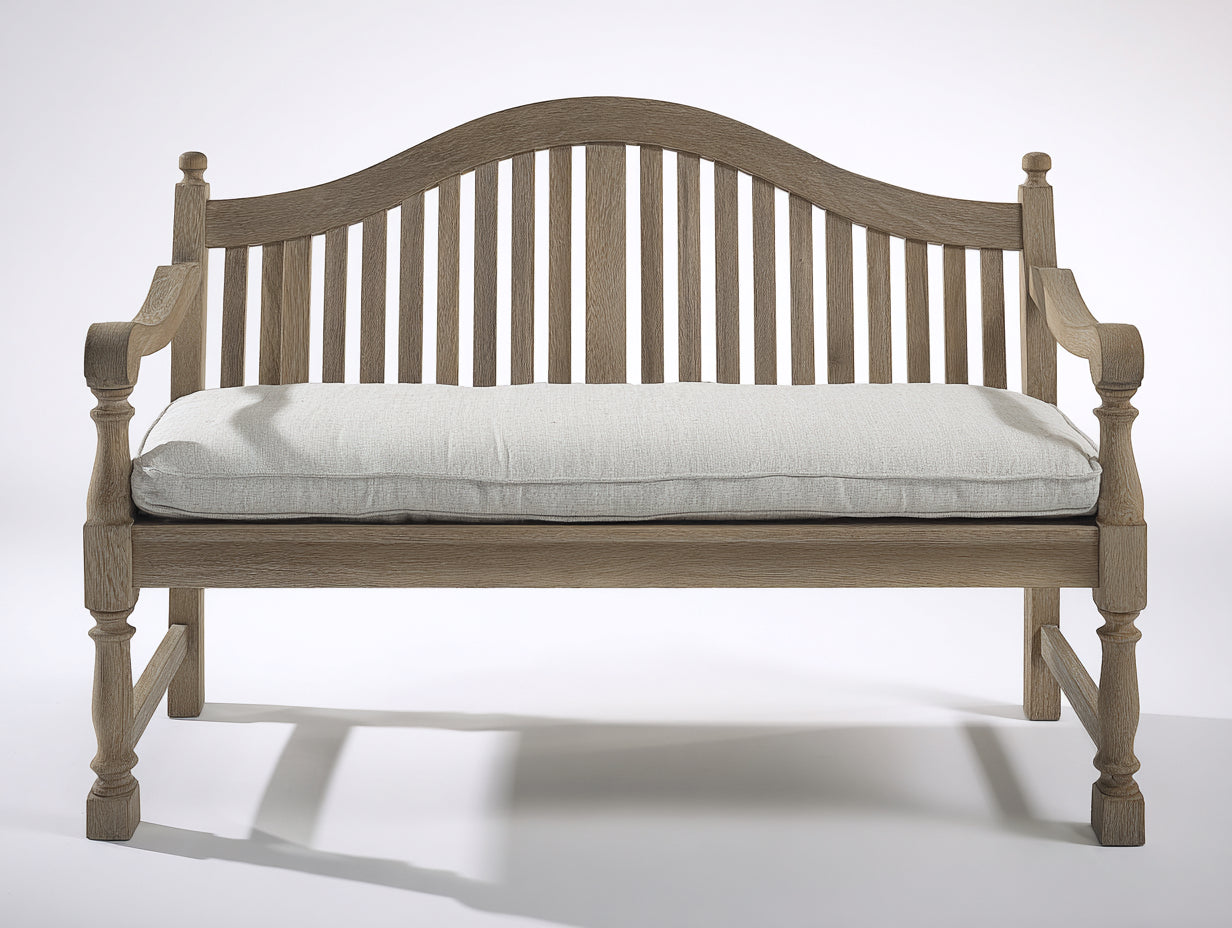 Banco de jardín de madera 180x70x100 cm - Gris natural y blanco crema - Diseño clásico con respaldo curvo y cojín